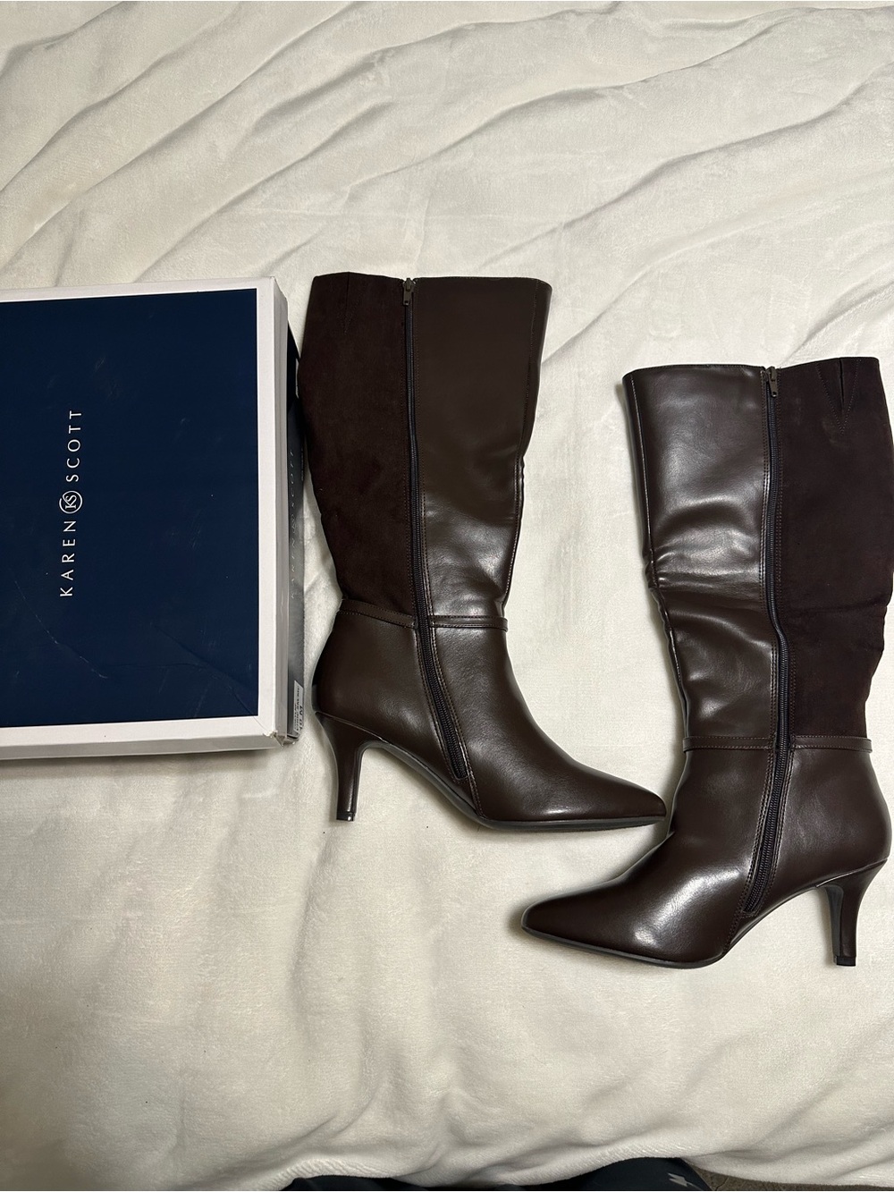 Karen Scott Dark Brown Leather and Suede Knee-High Heeled Boots